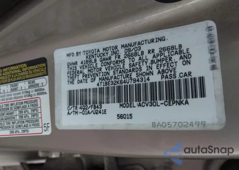 2004 Toyota Camry Le from USA, damaged, VIN 4T1BE32K64U794314